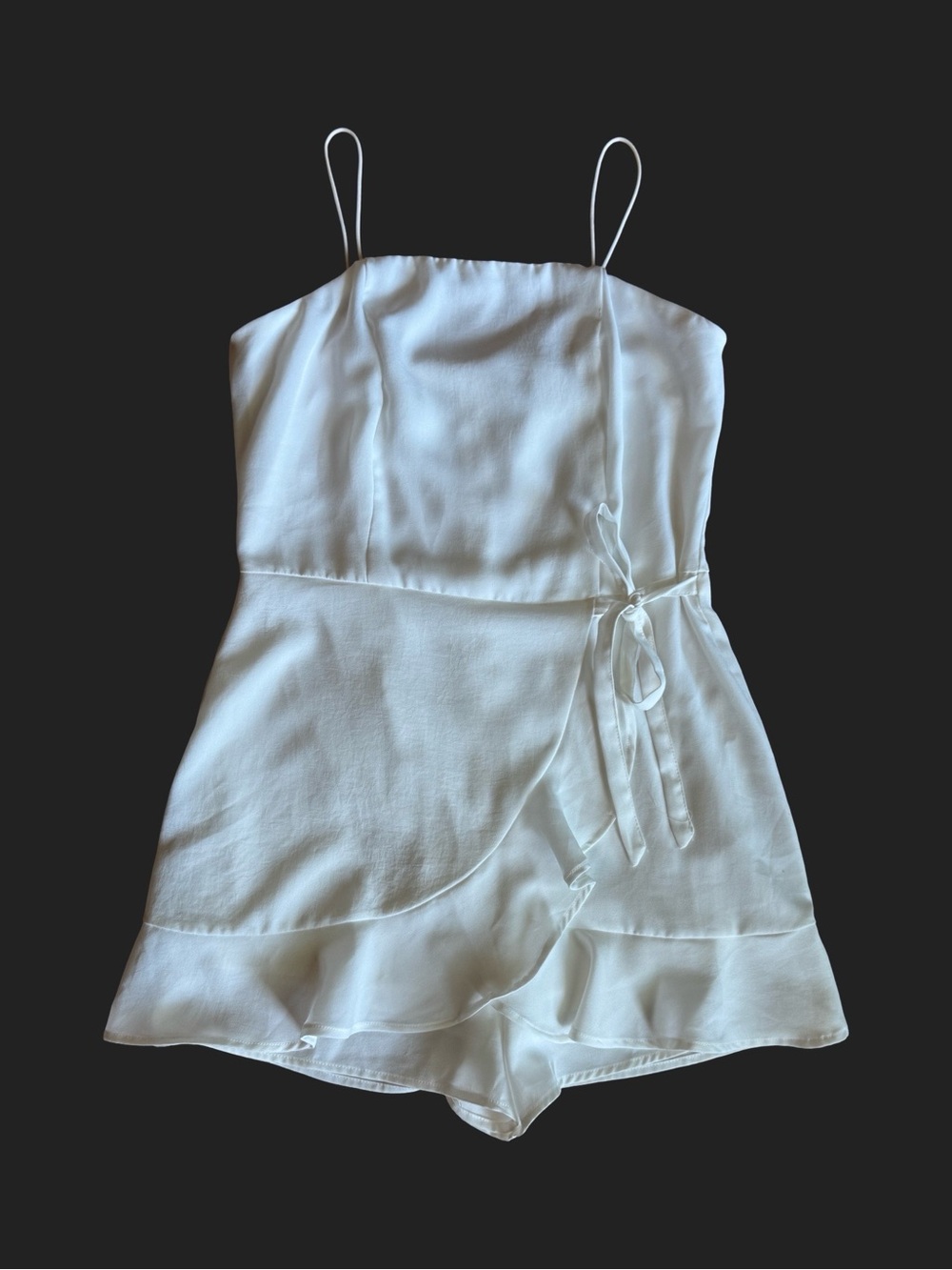 White Spaghetti Strap Ruffle Romper by She and Sky, large feminine romantic - Picture 2 of 12